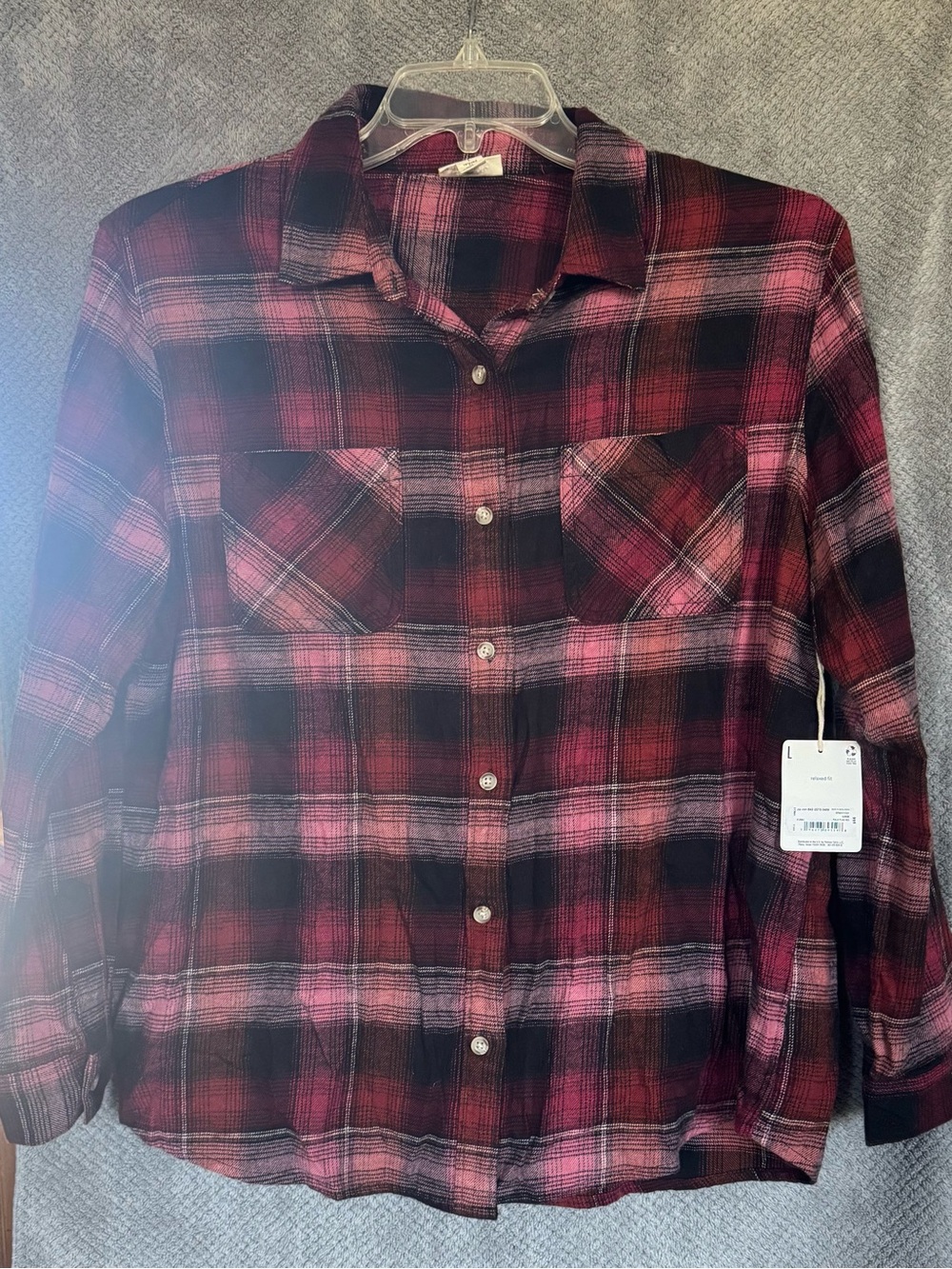a.n.a Women's Red and Pink Plaid Button-Down Shirt/Flannel